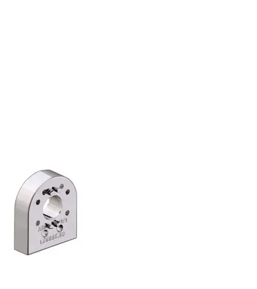 Metallische Distanzscheibe mit gebogener Oberseite und Loch für Montage. Produkt von Hansgrohe, geeignet für Sanitärinstallationen.